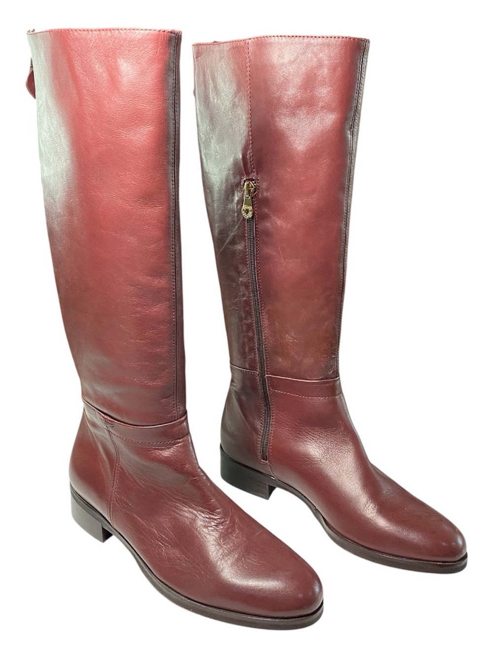 Leather Tall Boots Burgundy Size 8 Low Heel Back and Side Zipper Riding Boots